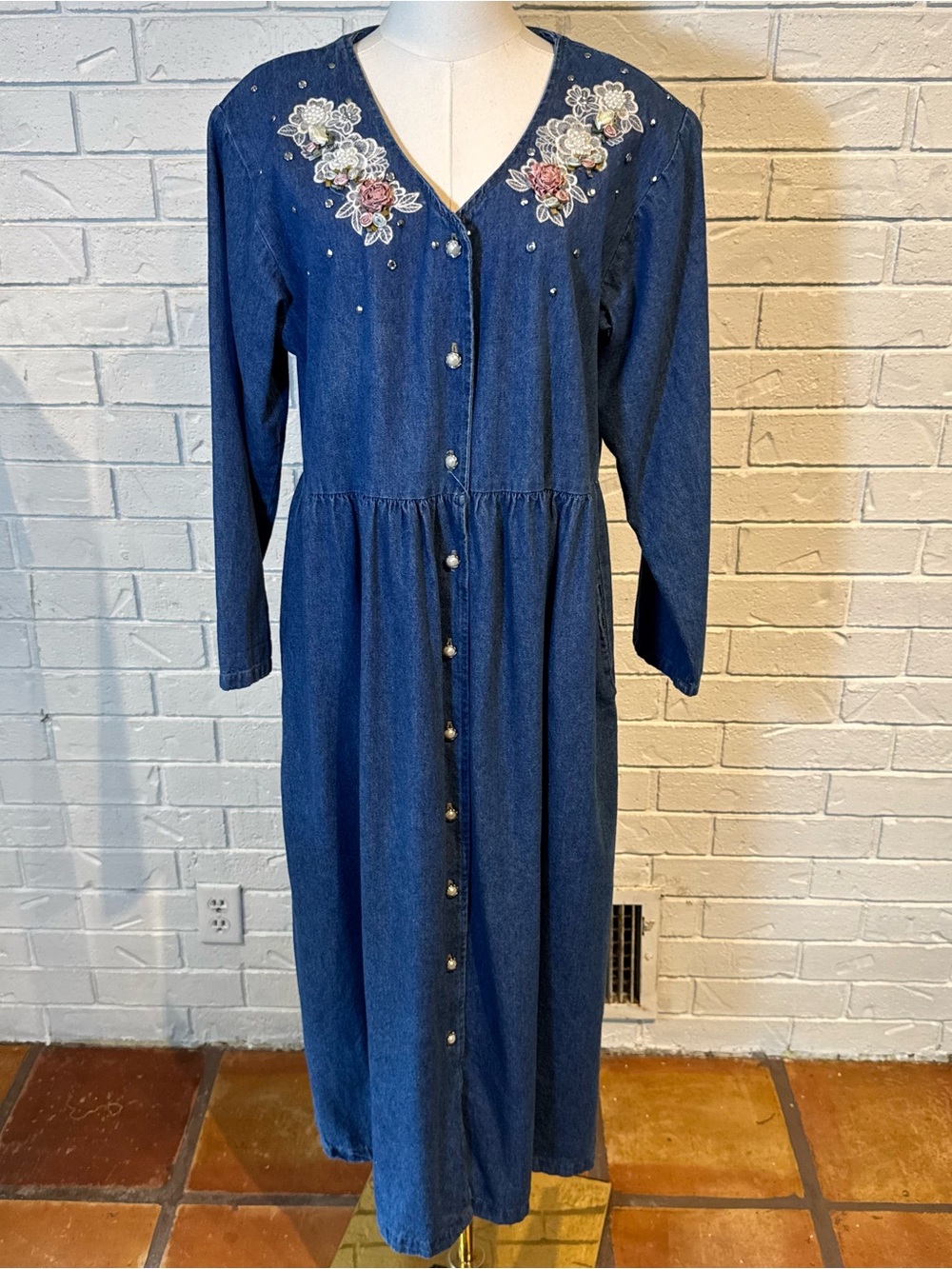 Vintage Miss & Mrs USA 80s 90s Embellished Denim Button-Front Dress Womens L
